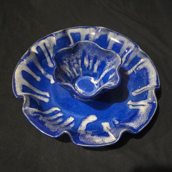 Handmade Art Pottery Chip and Dip Dish - Blue Gray Drip Glaze - 11/14" x 2 5/8" - Picture 1 of 4